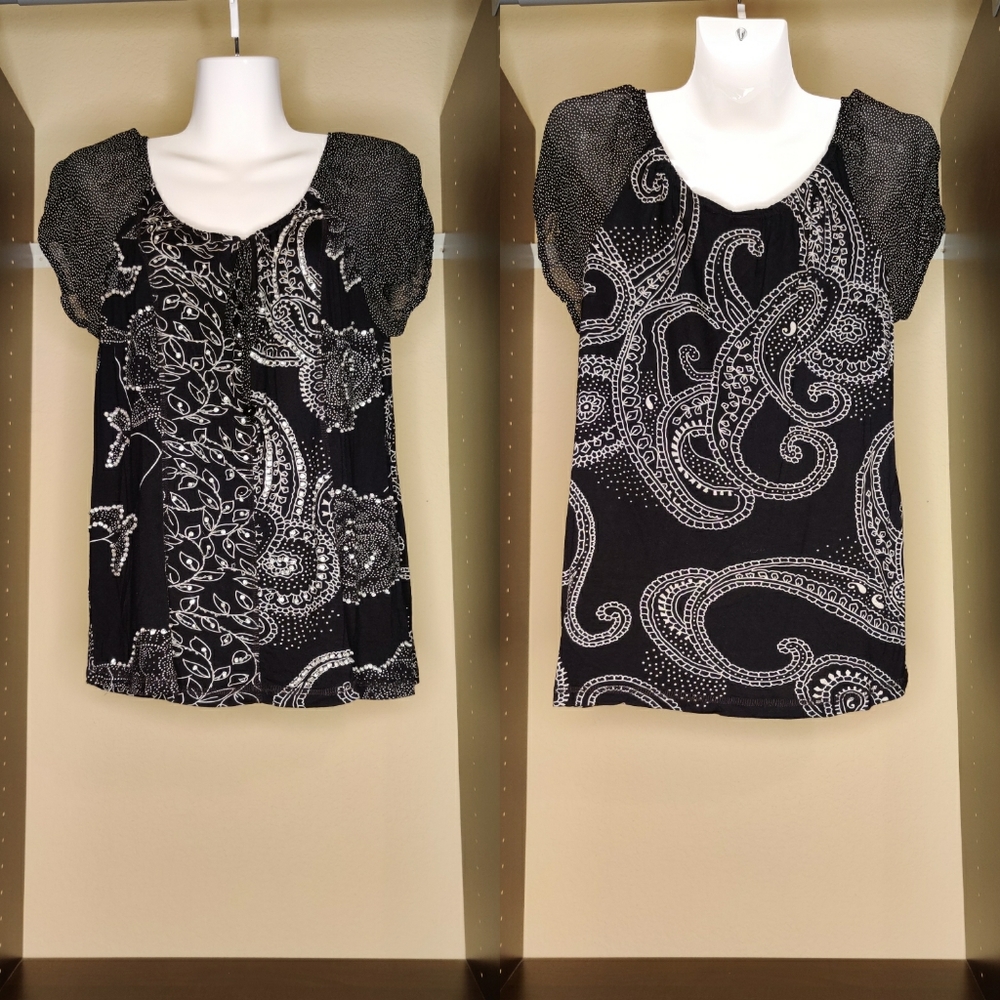 Bila Black White Paisley Polka Dot Sequins Bling Boho Peasant Top Women's Size S